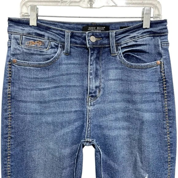 Judy Blue Howdy High Waisted Boyfriend Fit Distressed Raw Hem Jeans Size 7/28 - Picture 4 of 11